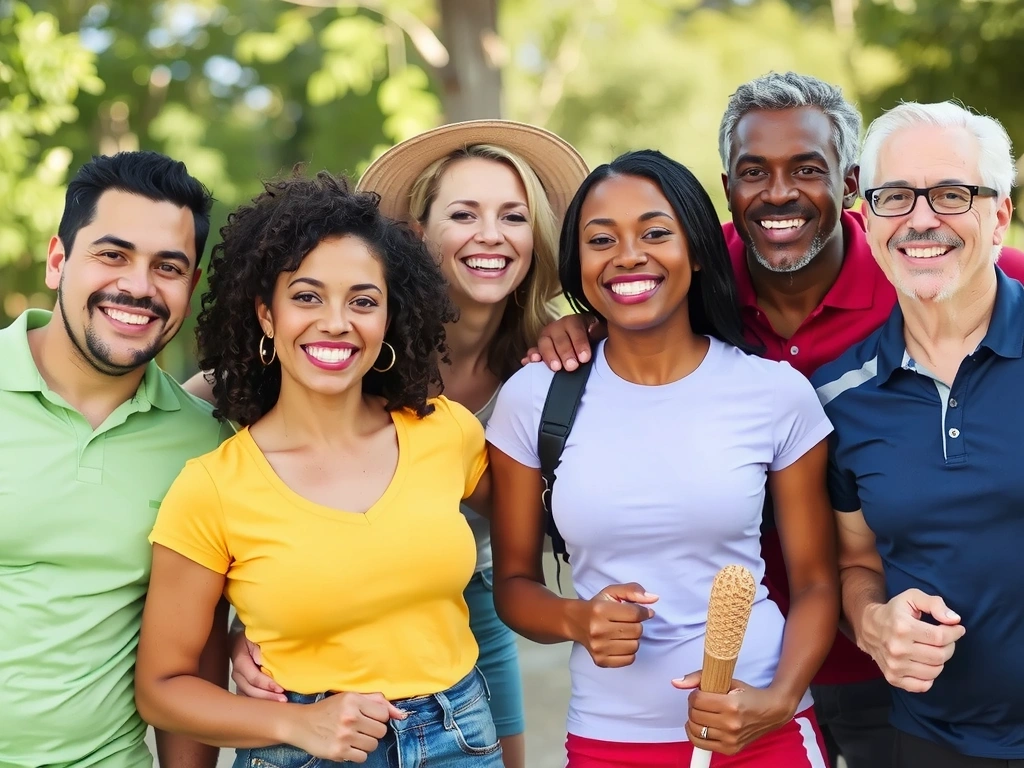 Grupo de personas diversas sonriendo y luciendo saludables, reflejando el éxito del asesoramiento nutricional.