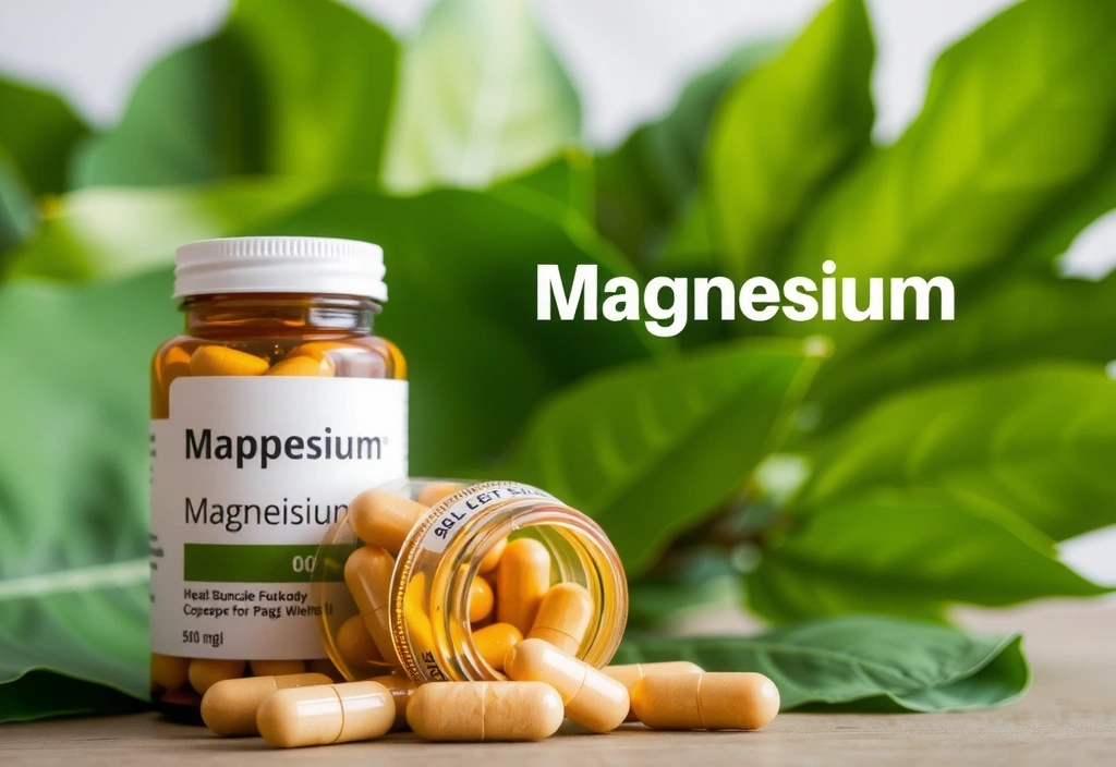 Suplementos de magnesio en cápsulas con hojas verdes de fondo