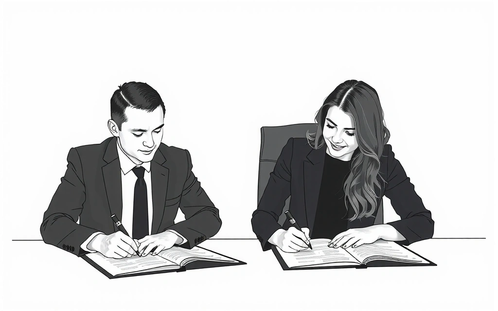 Ilustración de un acuerdo legal con personas firmando documentos